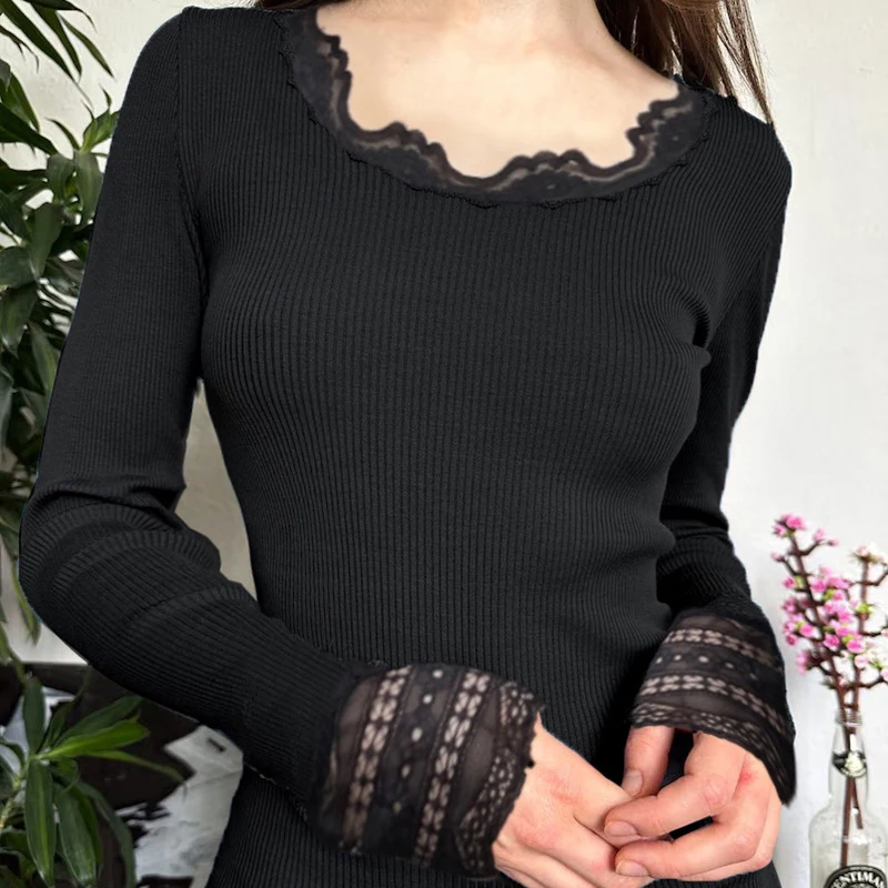 Gothic Dress y2k Women Clothes Lace Trim Round Neck Long Sleeve Ribbed Bodycon Dress Grunge Party Dresses Streetwear