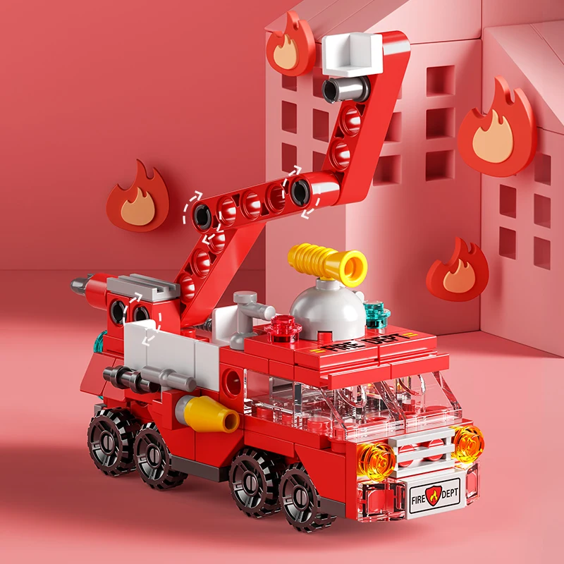 6IN1 Building Blocks City Fire Car Police Truck Engineering Crane Tank Helicopter Bricks Set Toys for Children Kids 3