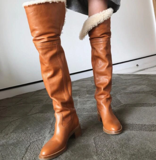 Winter Wool Fur Foldover Top Over The Knee Boots Woman Camel Black Oil Wax Leather Fur Boots Pointed Toe Flats Warm Snow Boots