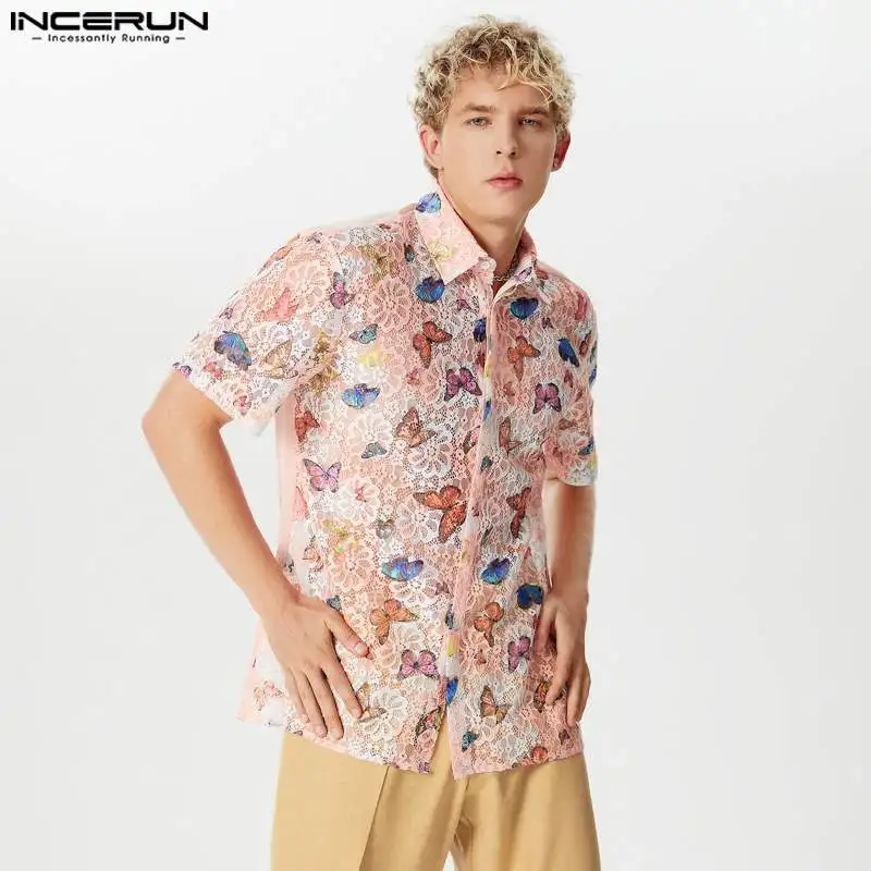 

INCERUN Tops 2024 Korean Style Fashion Men's Hollow Butterfly Printed Pattern Blouse Summer Streetwear Short Sleeved Shirt S-5XL