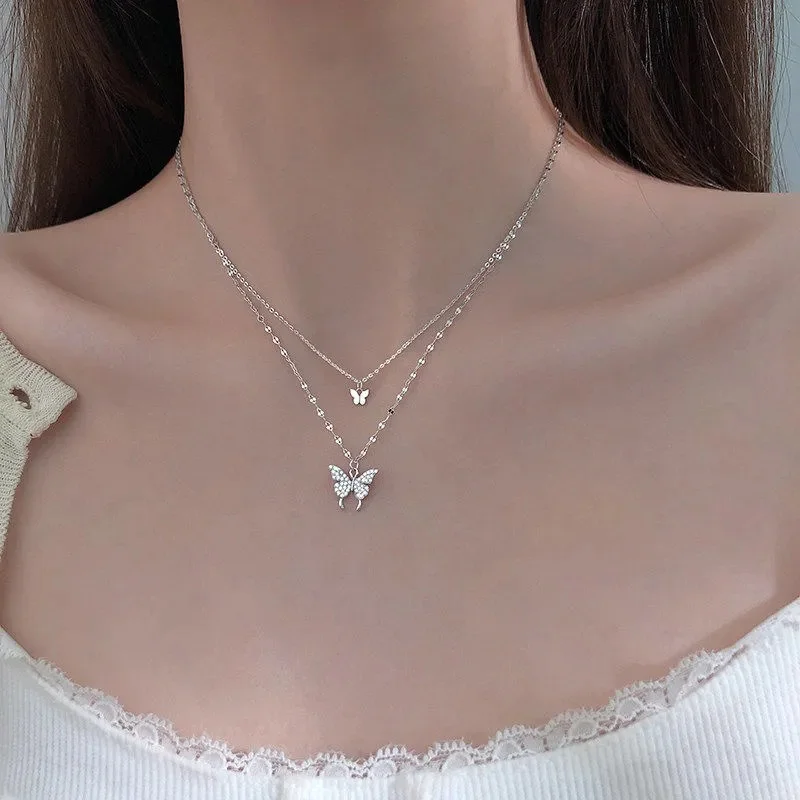 Double Layer Shiny Butterfly Cute Necklace Fashion Women's Temperament Clavicle Chain Romantic All-match Jewelry For Ladies Gift