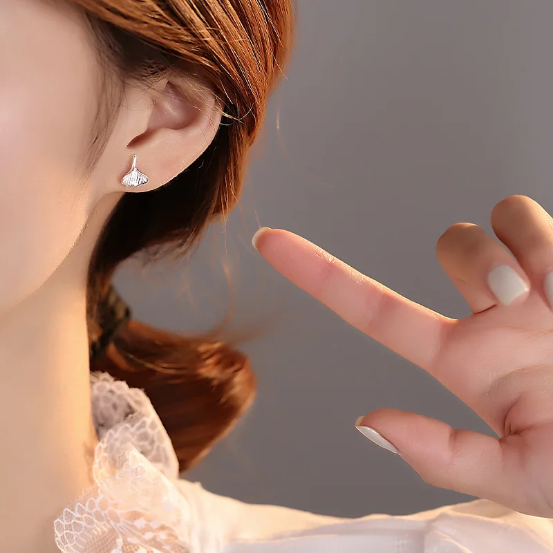 925 Sterling Silver Ginkgo Biloba Leaves Small Stud Earrings For Women Piercing Luxury Fine Jewelry Wholesale - Image 3