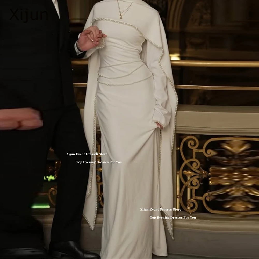 Xijun Ivory Crepe Pearls Prom Dresses Cape Full Sleeves Long Mermaid Wedding Dresses Formal Luxury Dubai Prom Gowns Customized 1
