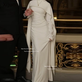 Xijun Ivory Crepe Pearls Prom Dresses Cape Full Sleeves Long Mermaid Wedding Dresses Formal Luxury Dubai Prom Gowns Customized 1