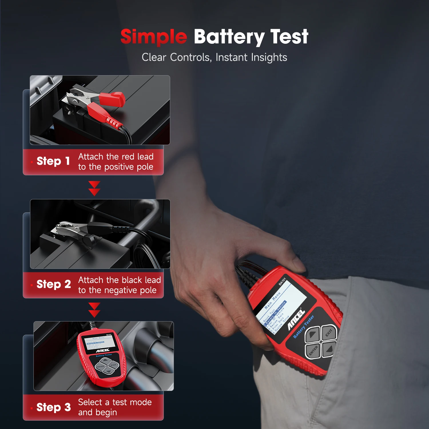 Tester batteria per auto ANCEL BA101 Strumento diagnostico digitale per batterie e alternatore per autoveicoli 12V Capacità di carico 100-2000 CCA - immagine 6