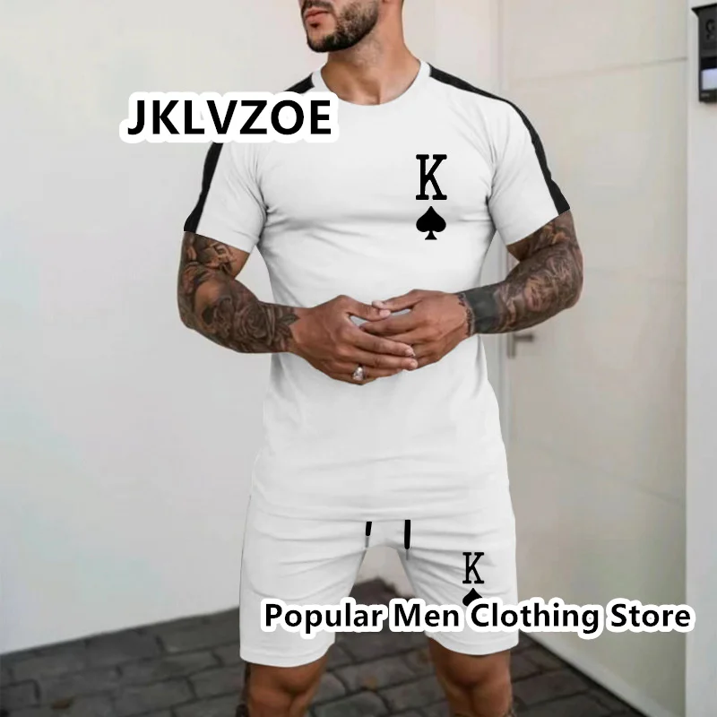Summer Men's Suit Short Sleeve T-Shirt Suit Print Solid Color 3D Sportswear 2 Pieces Outfit Casual Male Oversized Clothing