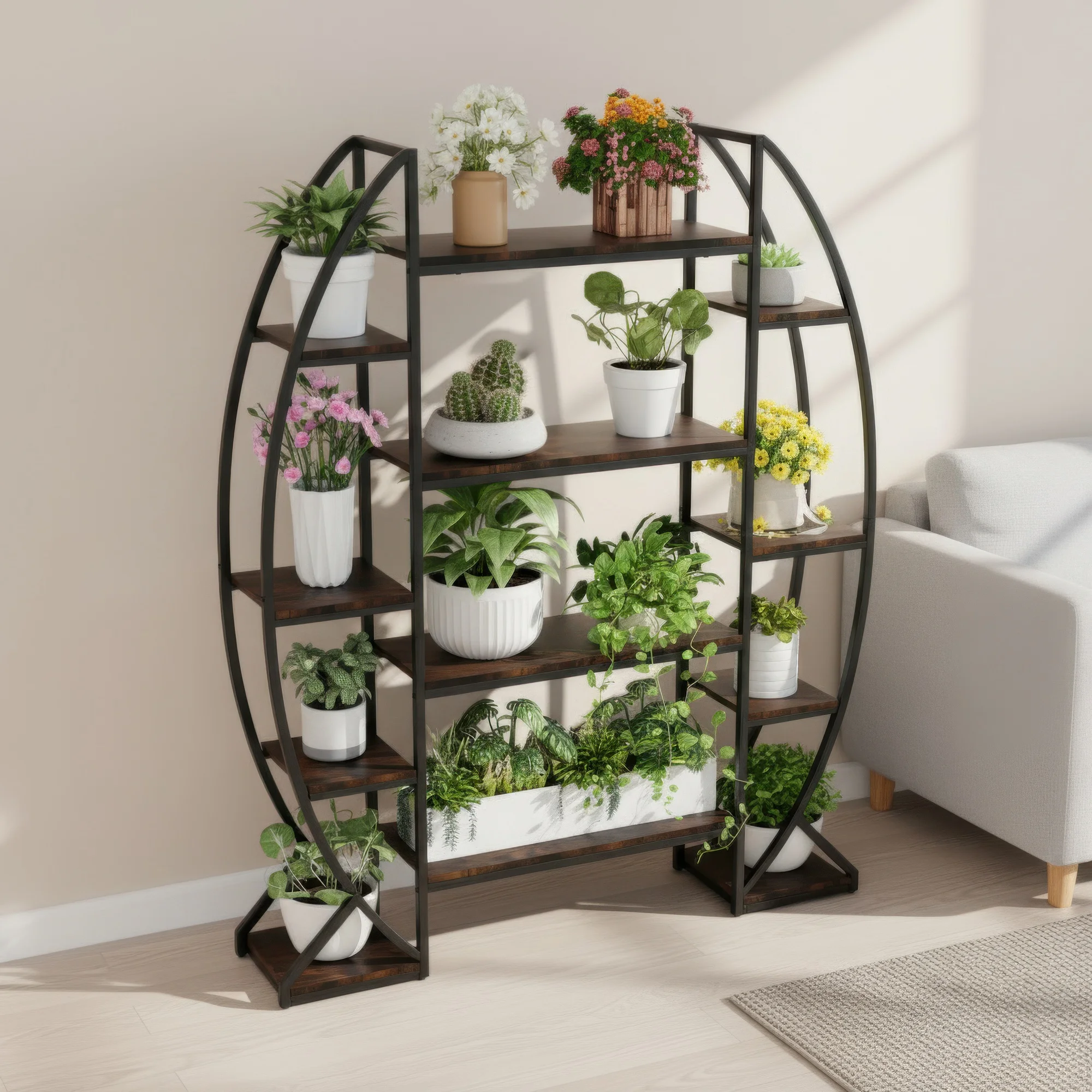 25299-F5A11D.jpg indoor flower pot stand with curved 8 tiered metal plant shelf