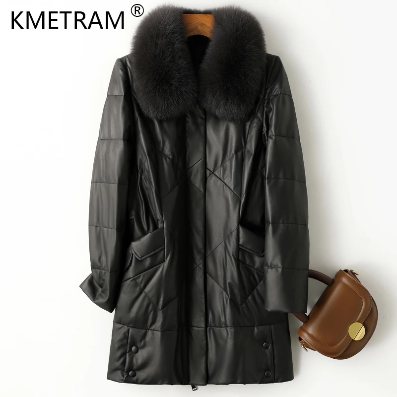 

100% Real Sheepskin Leather Jacket Women Winter Warm White Goose Down Coat Luxury Fox Fur Collar Mid-length Black Down Coats