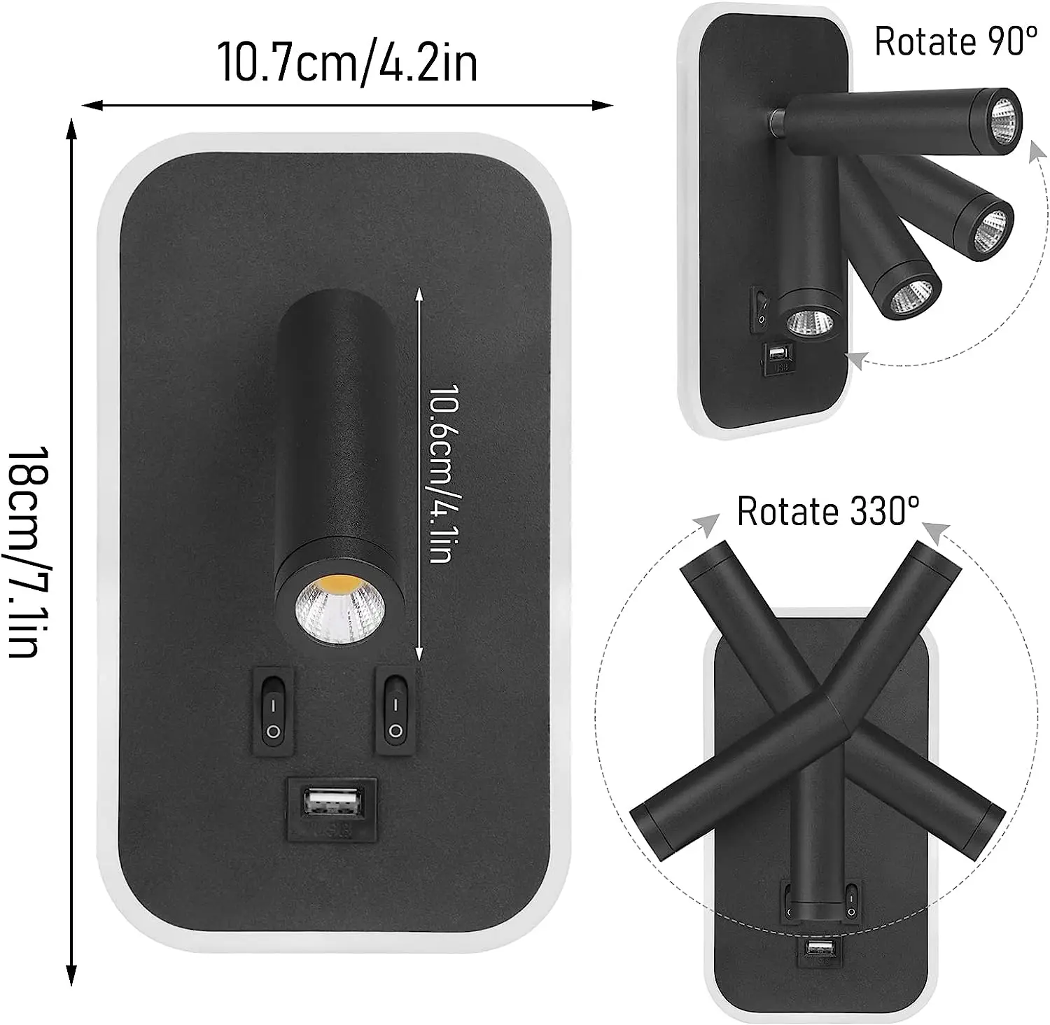 침대 옆 벽 램프, LED 벽 조명, 스위치 및 USB 포트 장착 독서등, 회전식 벽 스콘스 스포트라이트