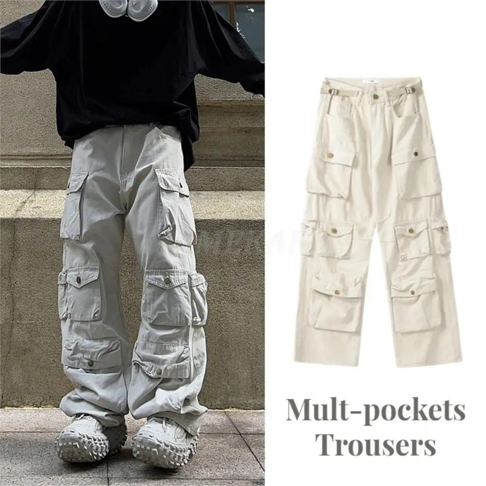 

2023 Retro Mult-pockets Streetwear Solid Color Overalls Unisex Straight Harajuku Baggy Casual Cargos Loose Oversize Trousers