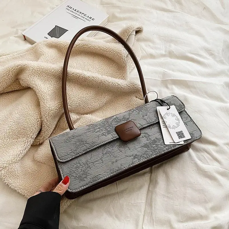 Square Printed Large Capacity 2023 Fashionable Canvas Stick Bag, Autumn and Winter Niche Retro One Shoulder Underarm Bag,