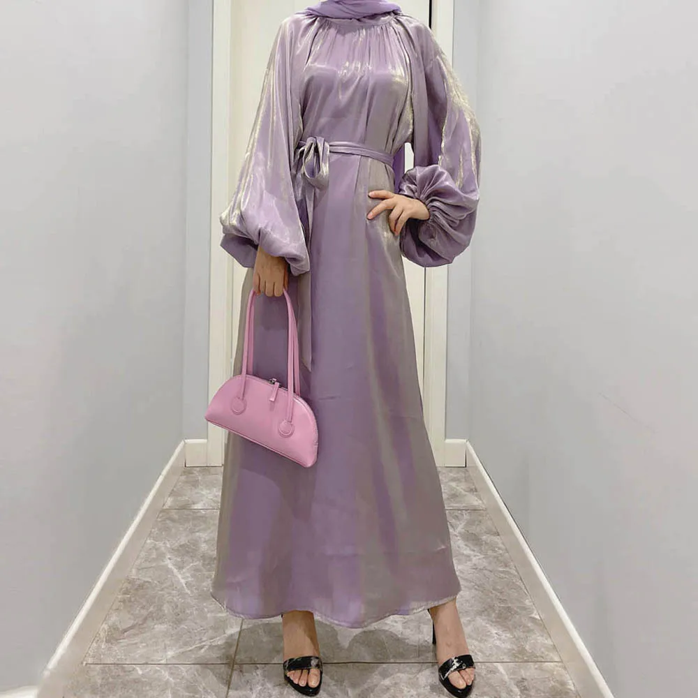 Muslim Lady Abaya Lantern Sleeve Women Long Dress Islamic Middle Eastern Turkey Dubai Jilbab Soft Shiny Ramadan Elegant Kaftan