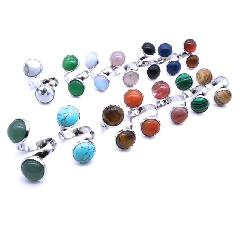 Finger Ring Adjustable Rings Double Stone Cabochon Tiger Eye Opal Blue White Purple Green Pink Crystal Adjustable Ring For Women Dress ACC Jewelry