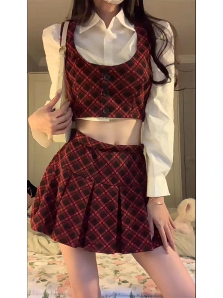 

2023 Autumn Casual White Shirt Short Vest Slim Mini Skirt Party Korean Fashion Clothing Vintage Plaid 2 Piece Set Skirt Woman