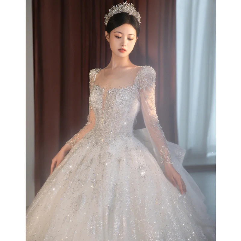 2023 Long Sleeve Beading Wedding Dress  See Through Square Collar Luxury Sweep Train Winter Bridal Gowns Vestido De Noiva