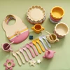 Color Kids Baby Feeding Set Solid Color Utensils Waterproof Bib Cartoon Lion Shape Sucker Dishes Plate Feeding Bowl Spoon Cup 3