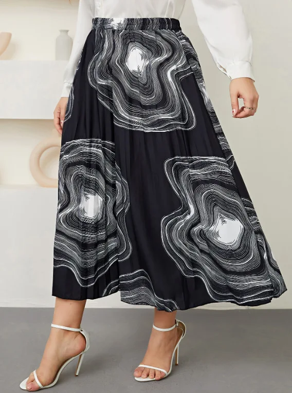 Plus Size Women Skirts 2023 New High-waisted Retro Temperament Commute Skirt Large Size Fashion Leisure Printing Pleated Skirt plus size real leather skirt women 2021 autumn winter new short pleated skirts korean style slim fit high waist ruffled black