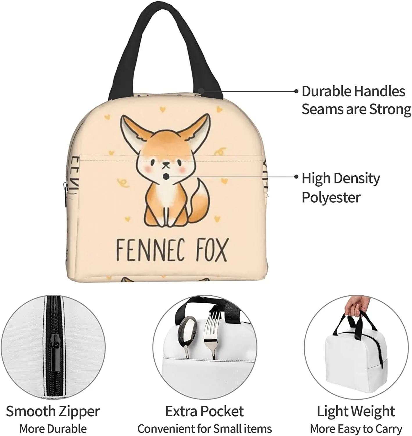 Cute Fennec Fox Cartoon Lunch Bag Waterproof Insulated Reusable Meal Bag Lunch Box Food Drinks Container Outdoor Picnic Beach