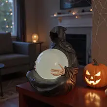 Halloween Grim Reaper Statue with Flying Bats Crystal Ball 15CM Gothic Figurine with Light-Up Sphere Fantasy Decor Floating Bat