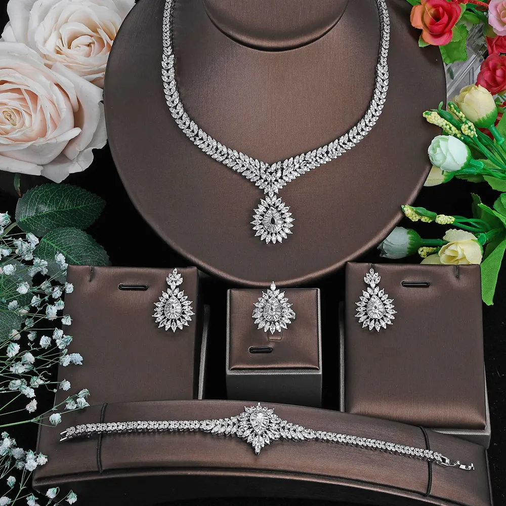 

Trendy Fashion 4PCS Luxury Waterdrop Indian Jewelry Sets For Women Wedding Party Indian Dubai Bridal jewelry Sets