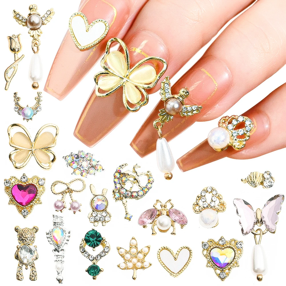

50Pcs Random Luxury Nail Art Dangle Jewelry Heart Bowknot Mixed Style 3D Nail Art Charms Tassel Design Alloy Nail Art Decoration