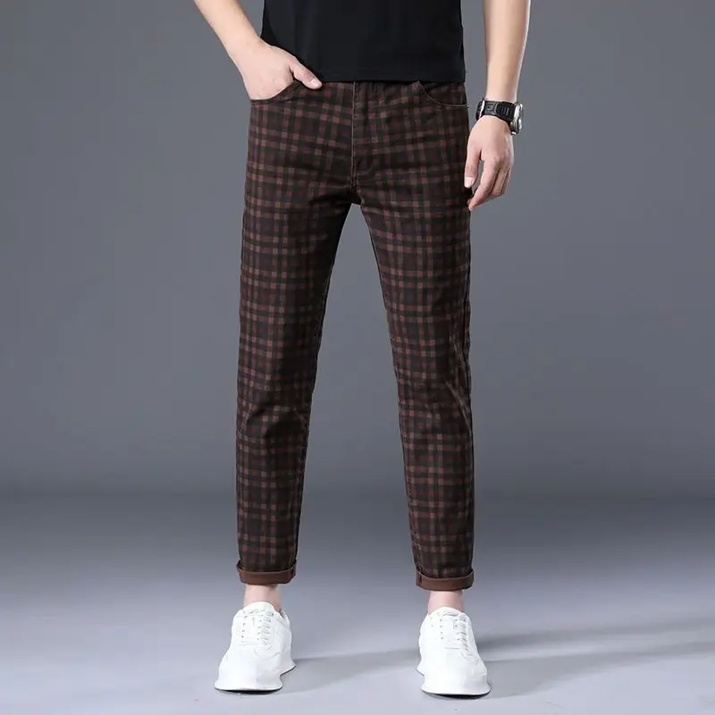 Fashion Trend Summer New Korean Cotton Straight Casual Pants Men's Printed Button Zipper Pocket Summer Plaid Breathable Trousers