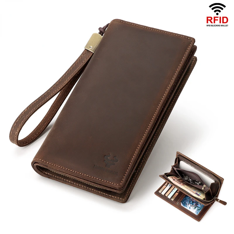 New style large capacity top layer cowhide wallet, men's drawstring mobile phone bag, long leather men's handbag