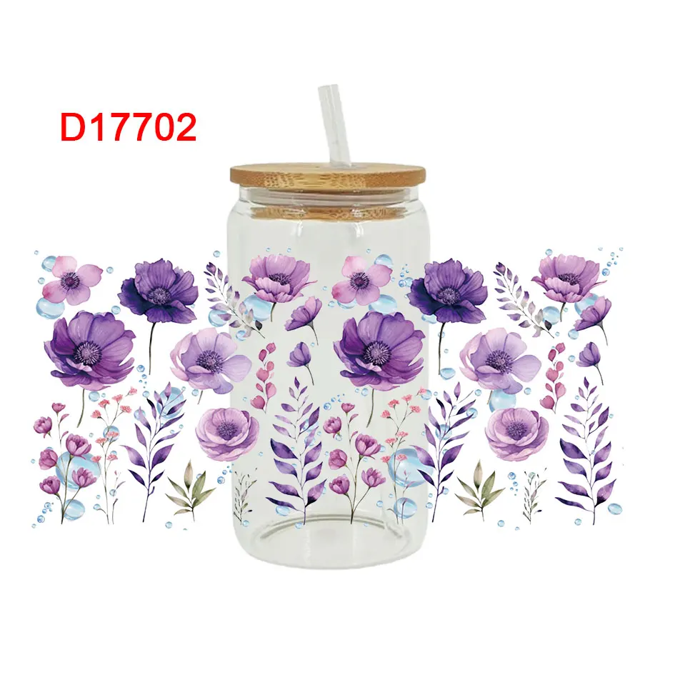 Lavender Flowers Pattern 3D UV DTF Transfer Sticker For 16oz Libbey Glasses Wraps Bottles Cup Sticker D17696 dtf transfer sticker