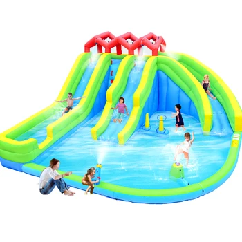 7 in1 Inflatable Water Park Three Slide with Blower Water Gun Sprinkler Fountain Climbing Wall for Children 1