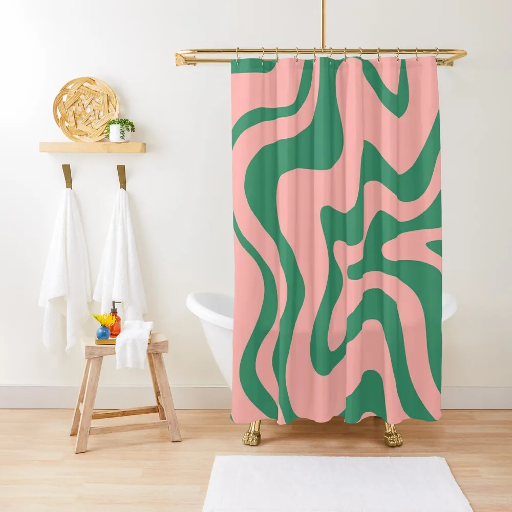 

Liquid Swirl Contemporary Abstract Pattern in Pink and Green Shower Curtain Washable Waterproof Fabric Shower Curtain
