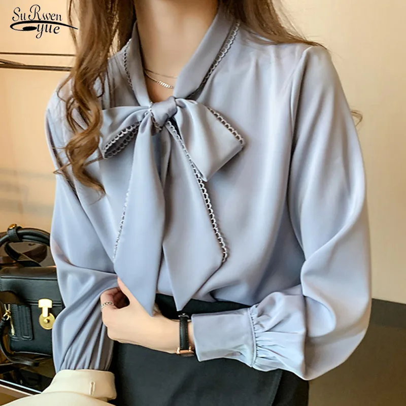 

2021 Spring Fashion Korean Tops Satin Chiffon Blouse Women Loose Long Sleeve Shirt White Blue Office Lady Clothes with Bow 10691