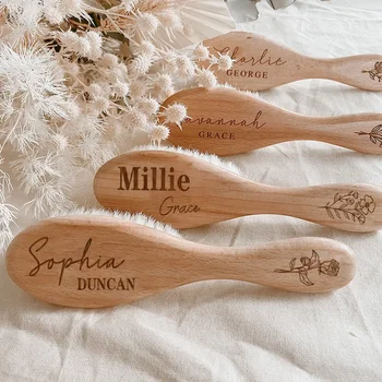 Personalized Baby Hair Brush Engraved Wood Brush Unisex Newborn Baby Gifts Custom Name with Wildflowers Boho Baby Shower Gifts