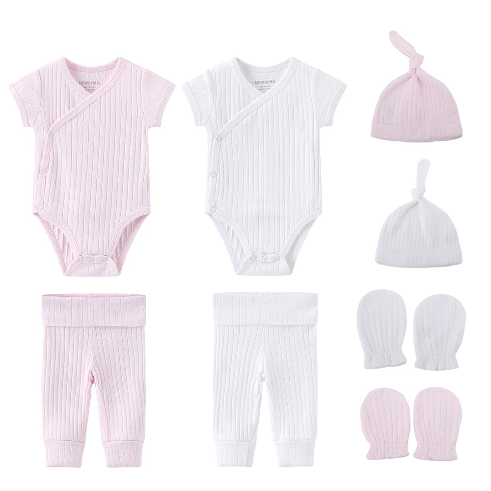 

Newborn Solid Baby Boy Clothes Sets Cotton Bodysuits+Pants+Hats+Gloves Baby Girl Clothes Unisex Short Sleeve Summer