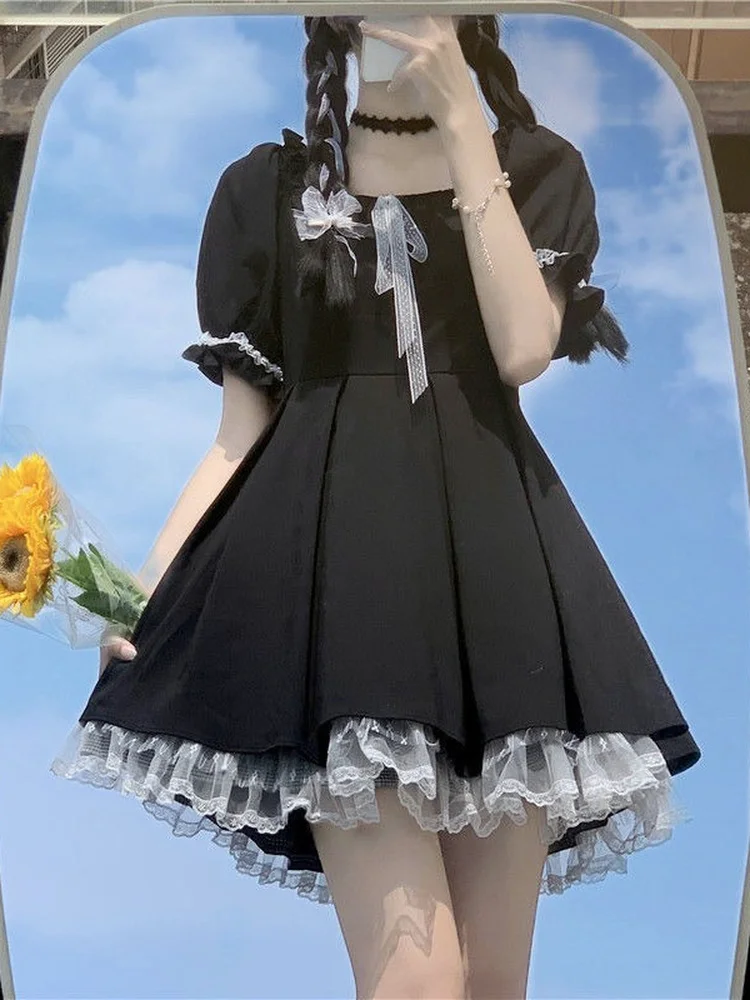 

QWEEK Kawaii Gothic Lolita Dress Women Goth Harajuku Cute Lace Black Puff Sleeve Short Dresses School Jk 2022 Summer Girls