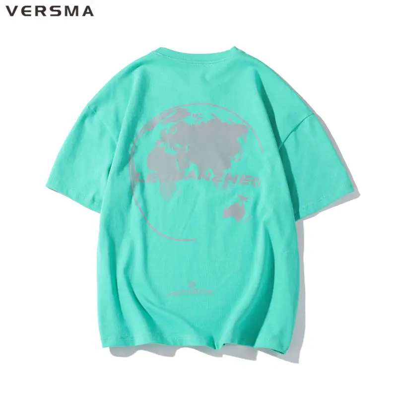 

VERSMA Korean Style Reflective World Map Print T-shirt Men Hip Hop Swag Loose Couple BF Luminous T Shirts Women 5XL Dropshipping