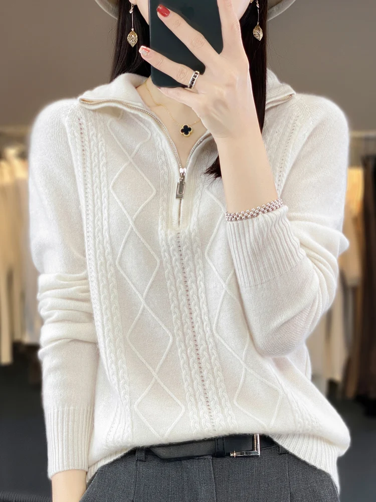 여성용 지퍼 울 풀오버, 턴다운 칼라, 두꺼운 캐시미어 스웨터, 100% 메리노 울 니트웨어, 마름모 뜨게 탑, 가을, 겨울