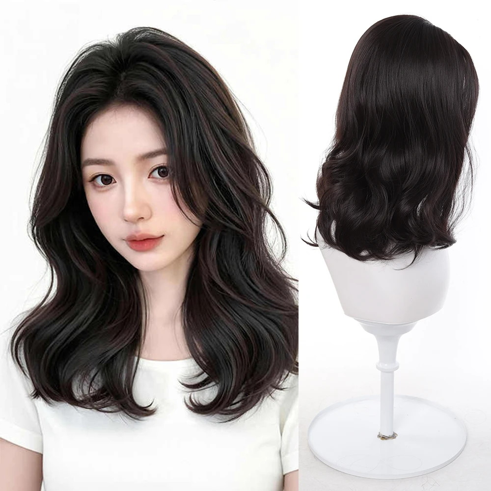 Black Synthetic Wig for Women with Wavy Hair and French Bangs