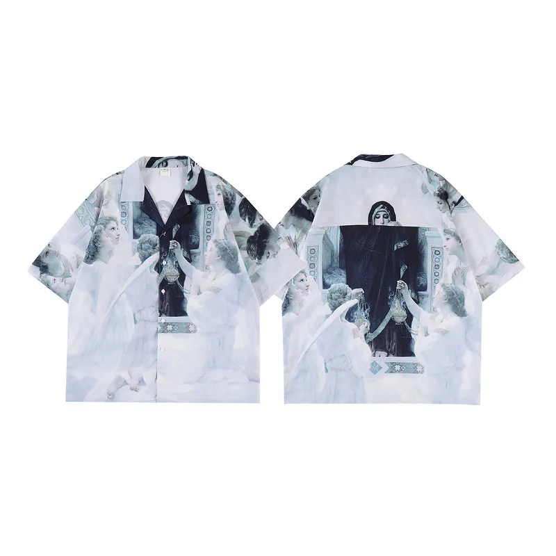 

Men's summer men and women loose couple net red short sleeve printed white high street shirt cardigan t
