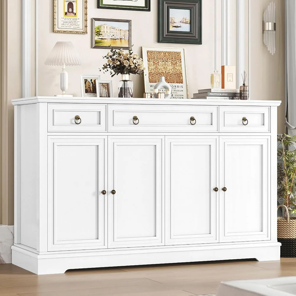 Buffet Cabinet with Storage, 55.1" Large Sideboard Buffet Cabinet, White Kitchen Cabinet with 3 Drawers and 4 Doors