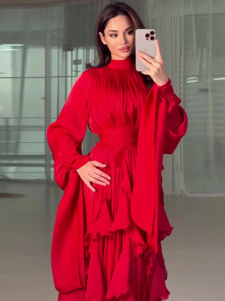 LGRQ early autumn turtleneck full sleeves shinny ruffles pullover Arabic styles floor length vacation dress female vestido 3