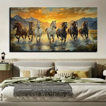 Elegant Feng Shui Seven horse canvas wall art with pine frame - waterproof, 1.5 inch thick horse decoration for sunset scenes 2