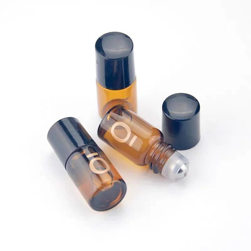 미니 유리 롤 빈 앰버 롤러 병, 에센셜 오일 향수병, 스테인리스 스틸 볼 포함, 100 개, 2ml