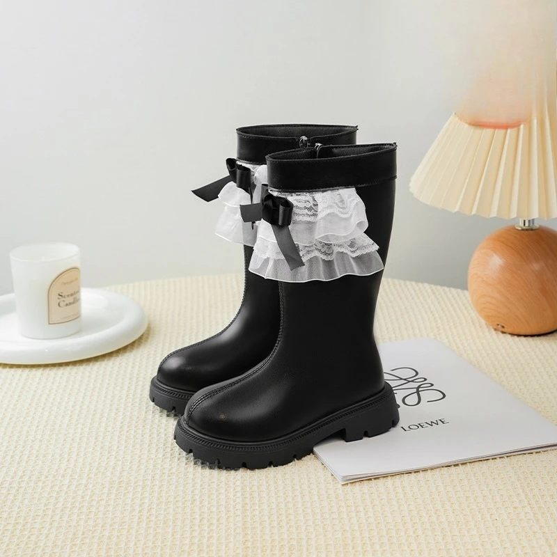 Girls Fleece Ankle Boots with Lace Bow for Winter School Party