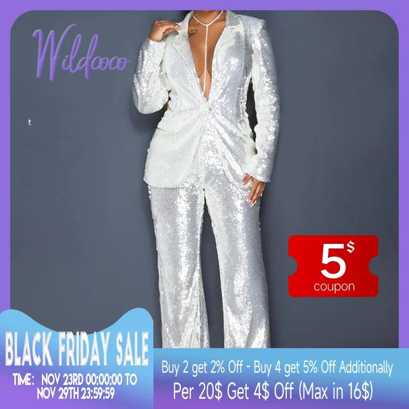 Shiny Night Club Women Pant Suit Sets Spring Sexy Sequin Blazer Top Wide Leg Pants Ladies Party Fashion Two Piece Match Outfits