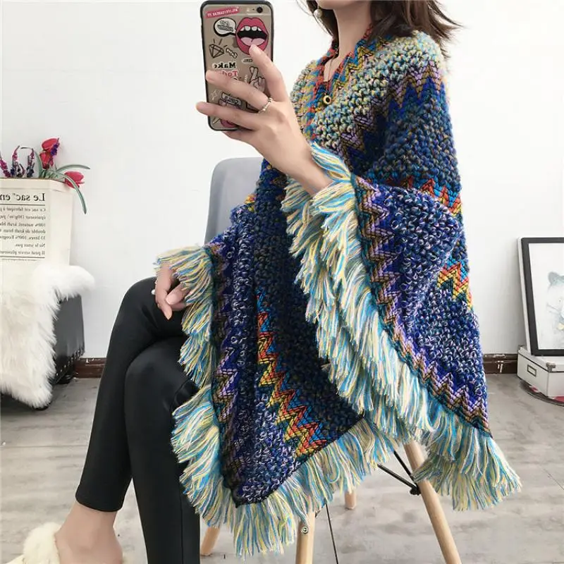 

Vintage Swyivy Pullover Women Knitting Poncho Capes New 2021 Female Autumn Fashion Bohemian Poncho Cloak Tassel Winter Clothing