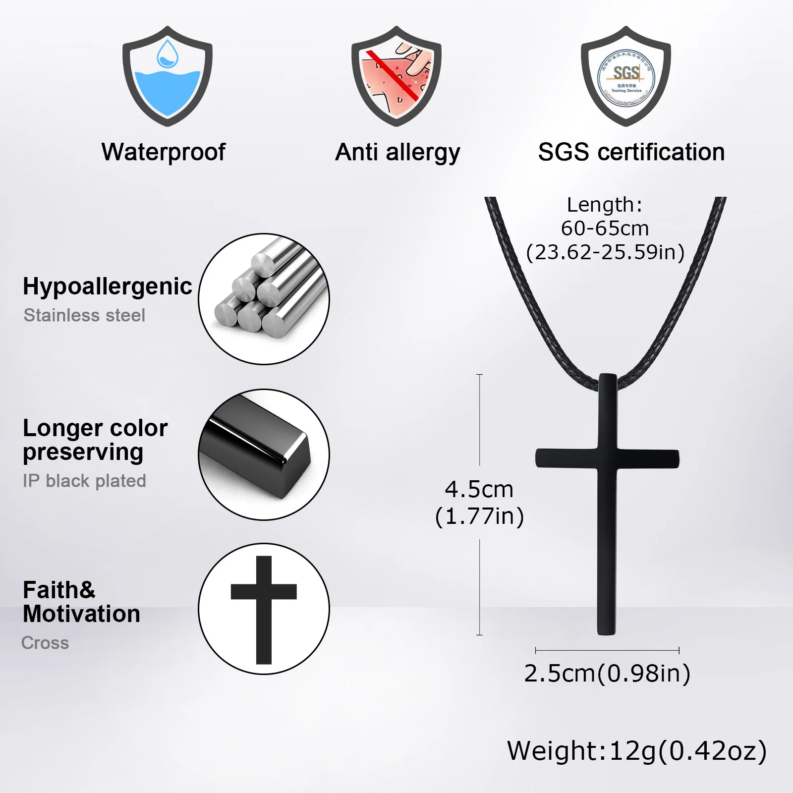 Simple Cross Pendant Necklaces for Men Boys,Stainless Steel Jesus Pendant with Black Wax Rope, Religious Prayer Blessing Gift