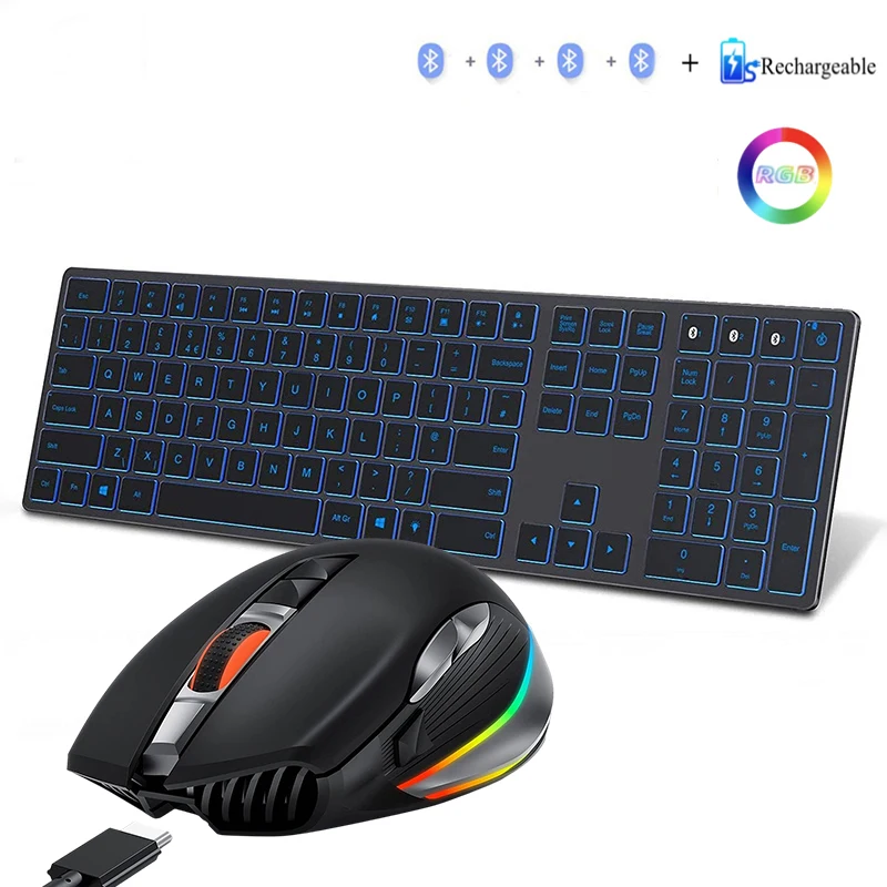 Conjunto de Teclado e Mouse sem Fio Recarregável Teclado Retroiluminado para Jogos Pente para Computador Portátil