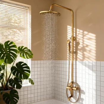 Yanksmart ชุดฝักบัวห้องน้ำทองเหลืองโบราณ, ชุดฝักบัวติดผนังขนาด8 "หัวฝักบัวอาบน้ำที่จับเดี่ยวพร้อมฝักบัว 2
