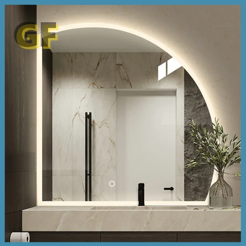 Bathroom mirror frameless touch sensor Bluetooth decorative wall mounted intelligent bathroom half moon mirror with LED light