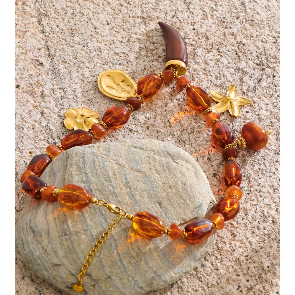 Yhpup Handmade Necklace Amber Resin Beads